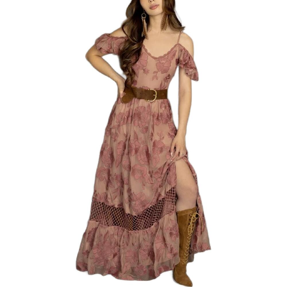 Joyfolie Sirena Maxi Dress Dusty Rose Floral Embroidered Cold Off Shoulder Boho